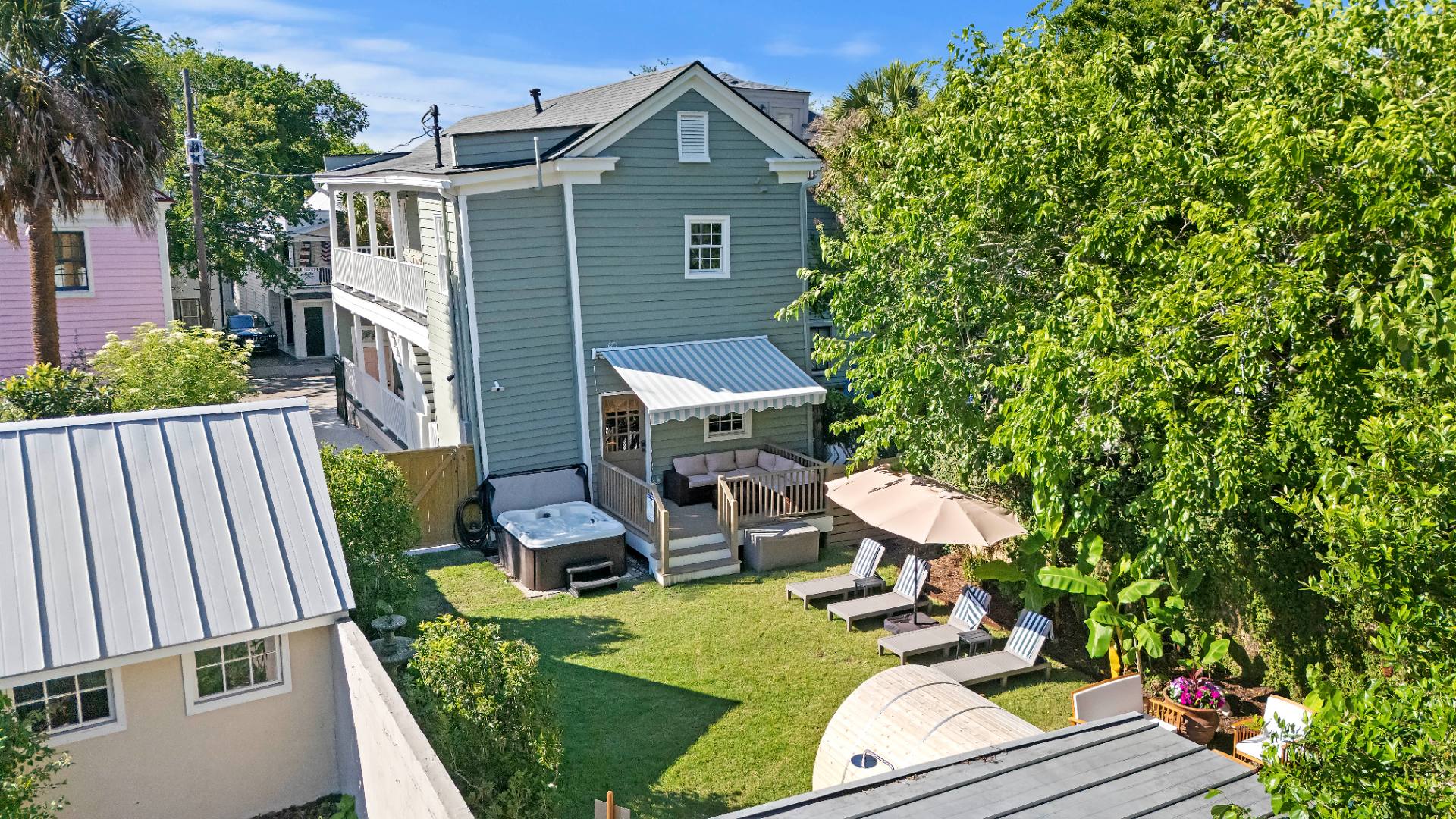 Aerial view of Breezy Palm and its private backyard